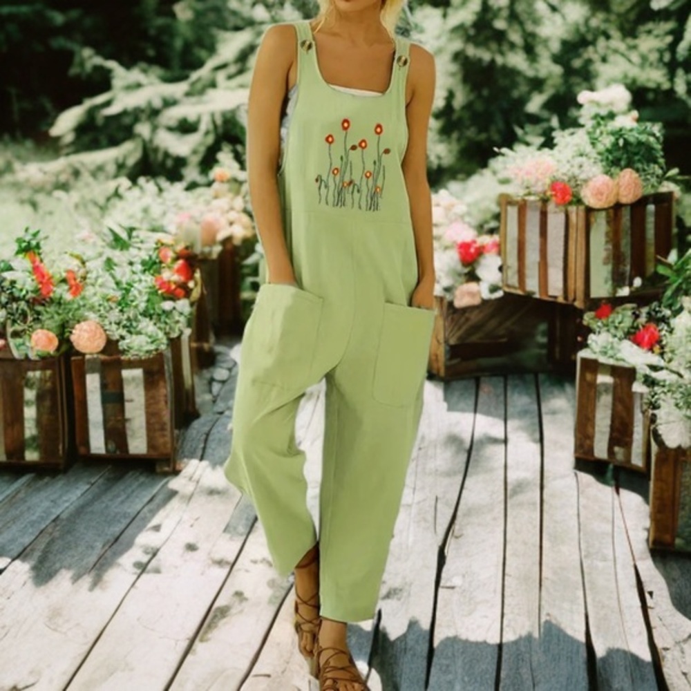 Bohemian pocket jumper overalls with embroidered florals|various